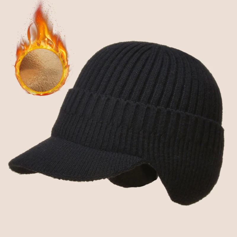 Knitted Winter Hat with Earmuffs for Men Soft Lined Interior Warm Headwear with Visor Winter | Sansoti