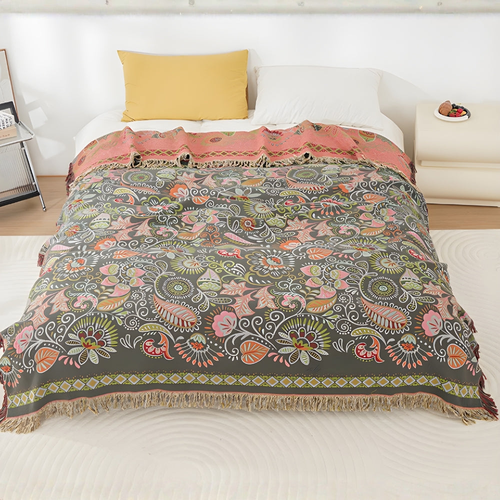 Omkeerbare Bohemien Plaid met Herfstbladeren en Kwastjes – Zachte Katoenen Gauze Deken voor Bank en Bed | Sansoti