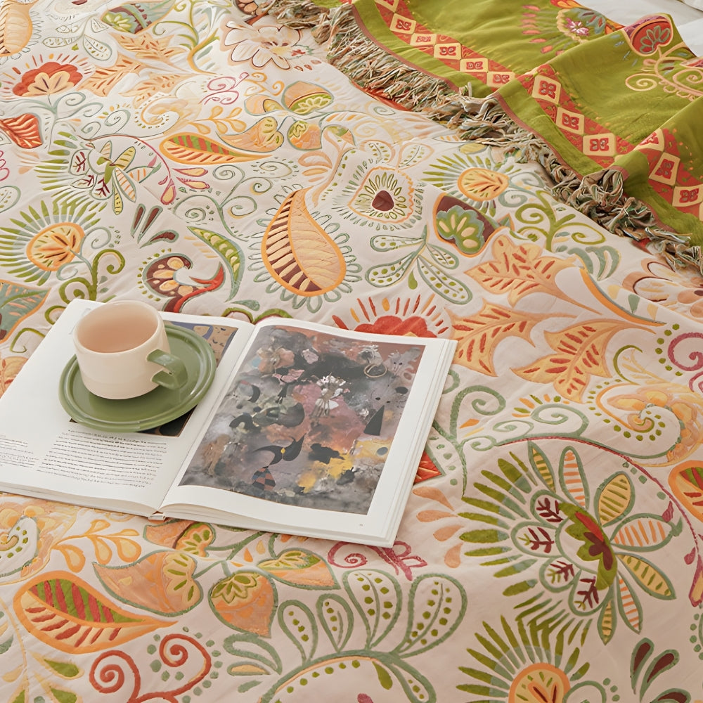 Omkeerbare Bohemien Plaid met Herfstbladeren en Kwastjes – Zachte Katoenen Gauze Deken voor Bank en Bed | Sansoti