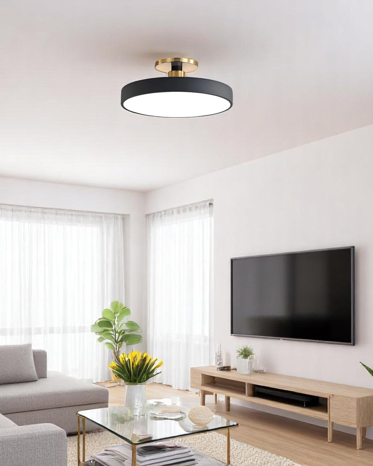 Moderne runde Deckenleuchte mit Gold-Detail und Acryl-Diffusor – minimalistische Semi Flush Design-Beleuchtung für Wohnzimmer und Schlafzimmer | Restfield