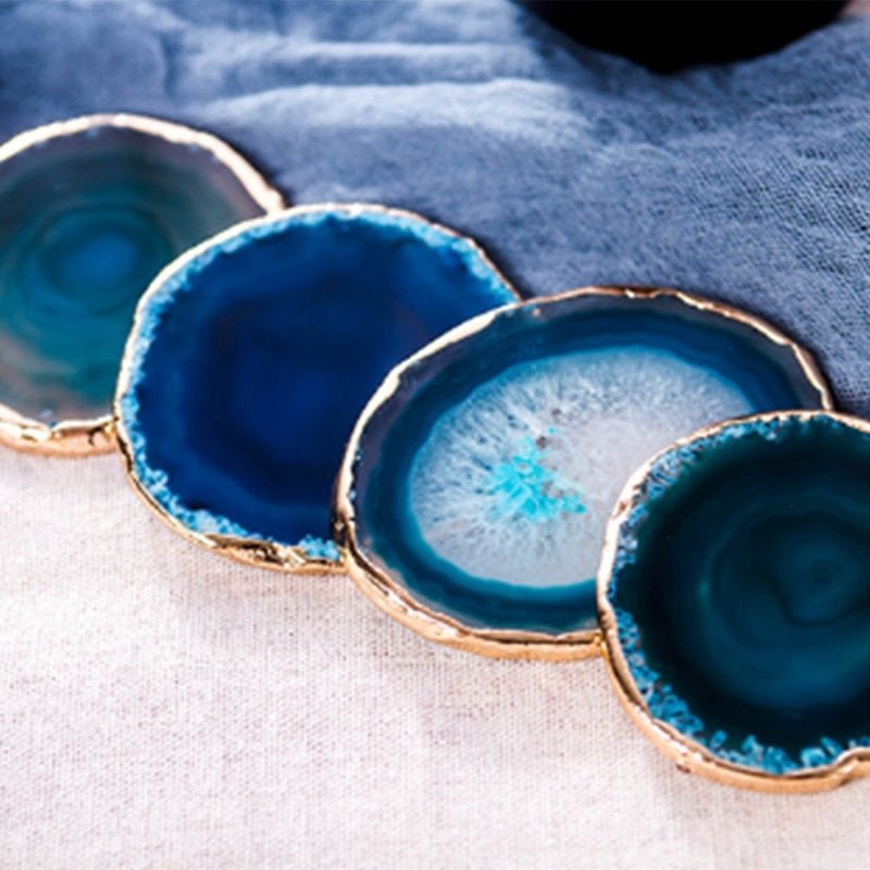 Agaat Onderzetters Blauw 2-Delige Set Natuursteen Goudkleurige Rand Unieke Snede | Sansoti