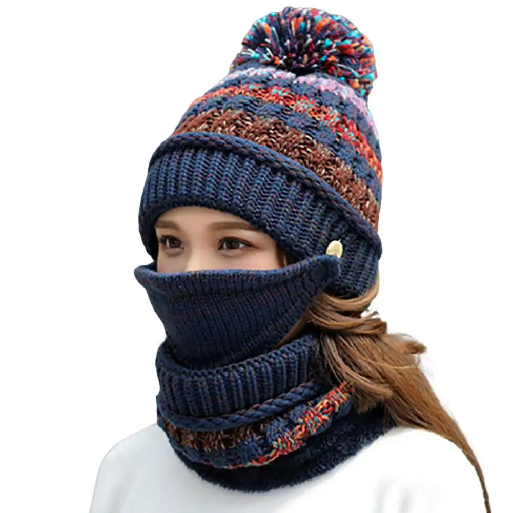 Knitted Hat and Scarf Set with Velvet Lining Removable Face Mask Winter Accessory Warm and Comfortable Women | Sansoti