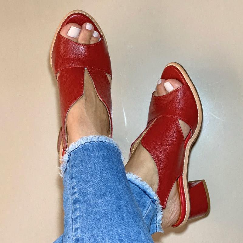 Dames Sandalen met Blokhak Open Teen Elegant Comfortabel Leer Bordeauxrood Zomerschoenen | Sansoti