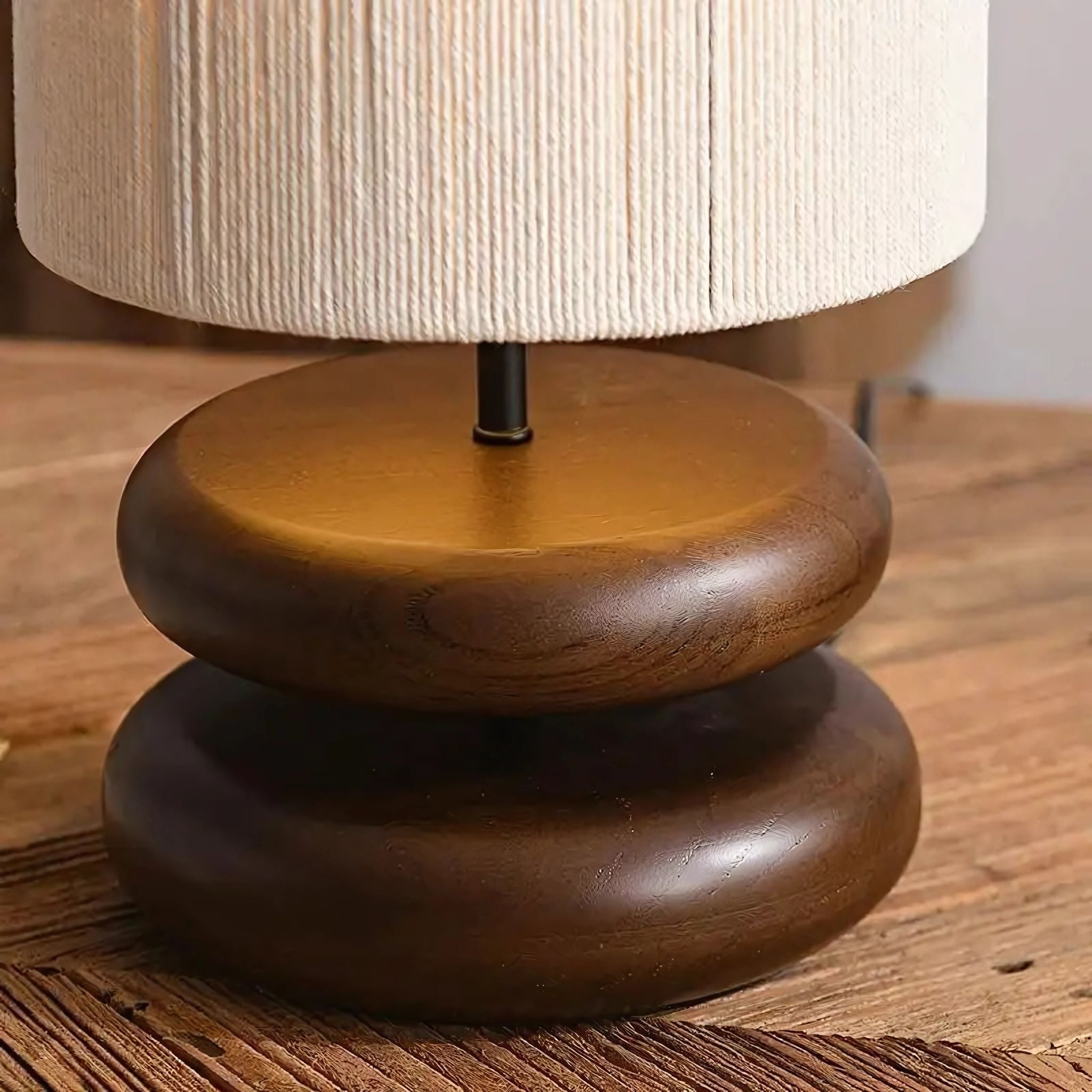 Tafellamp Hout Textiel Donker Bruin Rond Design Nachtkastje | Sansoti