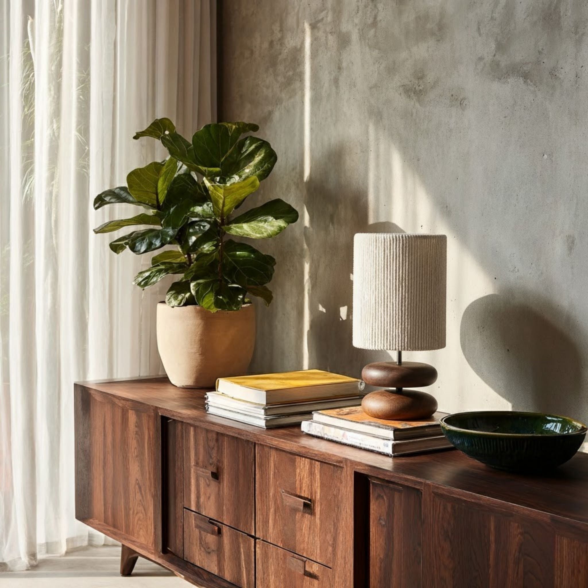 Tafellamp Hout Textiel Donker Bruin Rond Design Nachtkastje | Sansoti