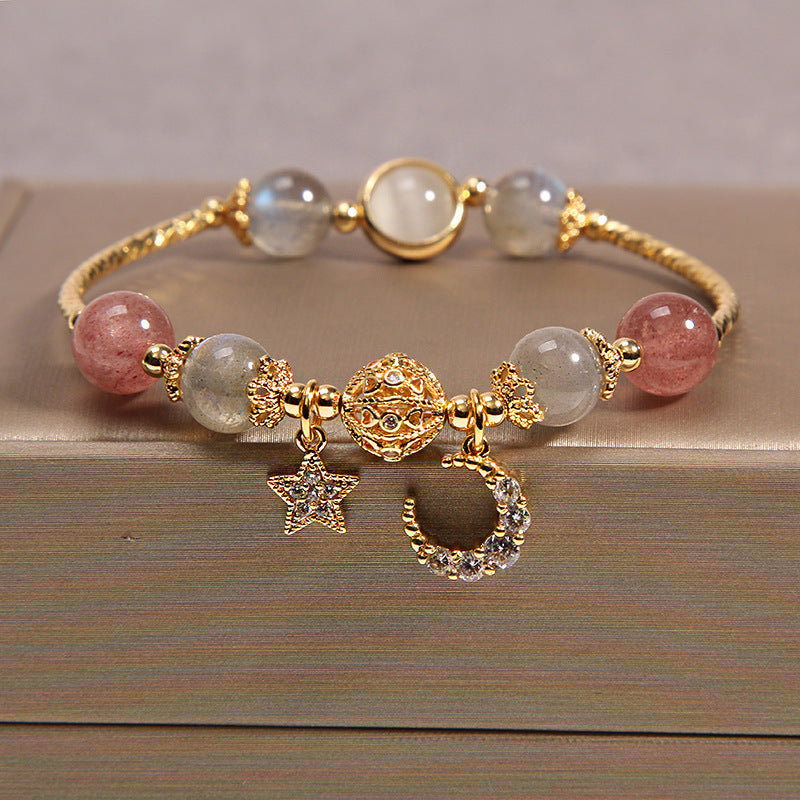 Edelsteinarmband aus Labradorit und Rosenquarz mit Mond-Stern-Anhänger, spiritueller Kristallschmuck für Yoga und Meditation | Sansoti