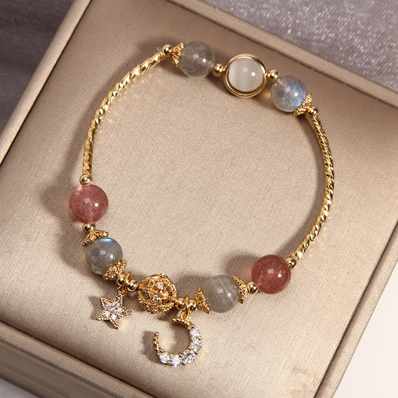 Edelsteinarmband aus Labradorit und Rosenquarz mit Mond-Stern-Anhänger, spiritueller Kristallschmuck für Yoga und Meditation | Sansoti