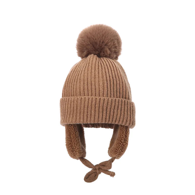 Bonnet tricoté pour enfants avec protège-oreilles et pompon, doublure douce en polaire, bonnet d'hiver chaud pour garçons et filles | Sansoti