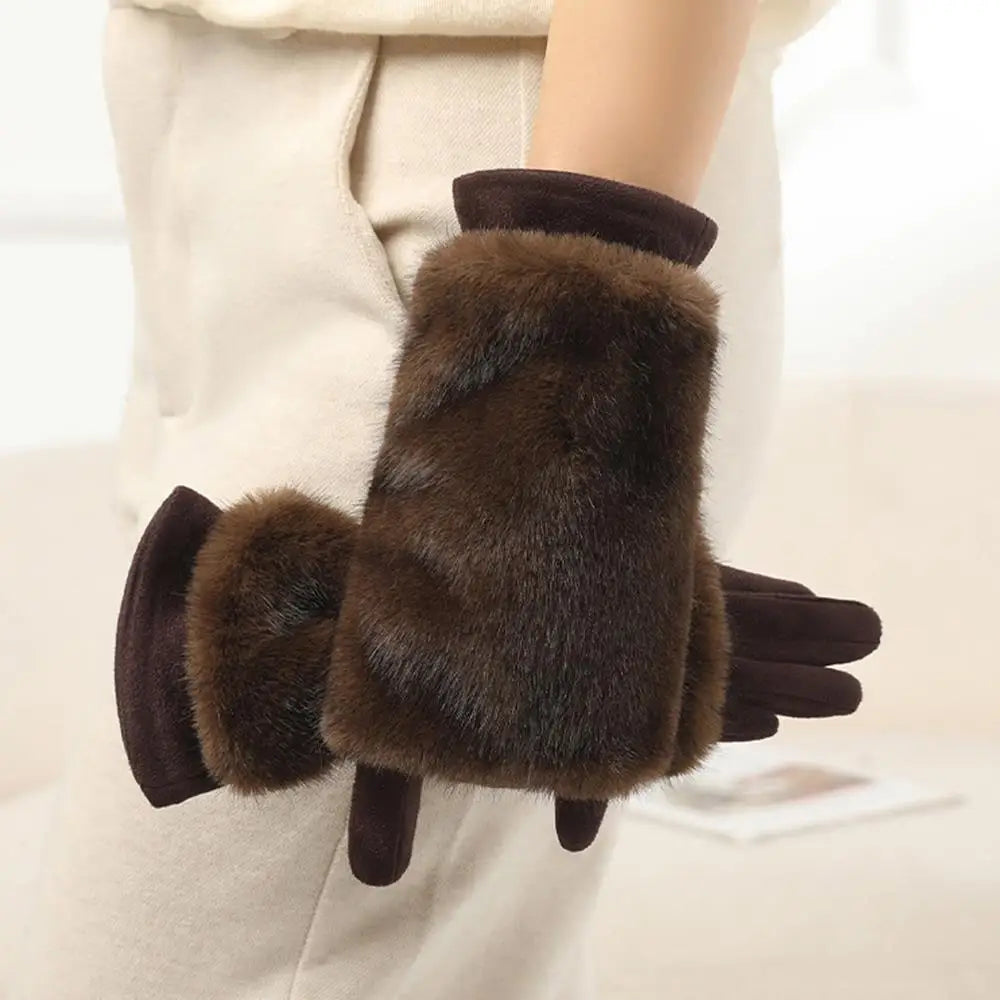 Suede Winter Gloves with Rabbit Fur Touchscreen Fingers Warm Unisex Elegant Gloves for Women and Men | Sansoti