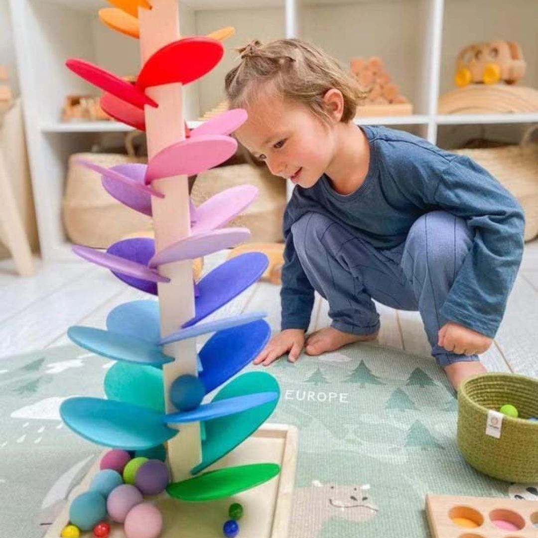 Houten Knikkerbaan met Regenboogkleuren en Muzikaal Geluid voor Peuters 71 cm Speelgoed Interactief Educatief Motoriek Cognitieve Ontwikkeling Montessori Leerplezier | Sansoti