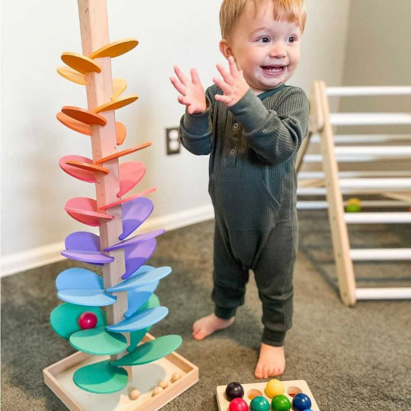 Houten Regenboog Knikkerbaan met Klank en Beweging – Educatief Speelgoed voor Baby's en Peuters | Sansoti