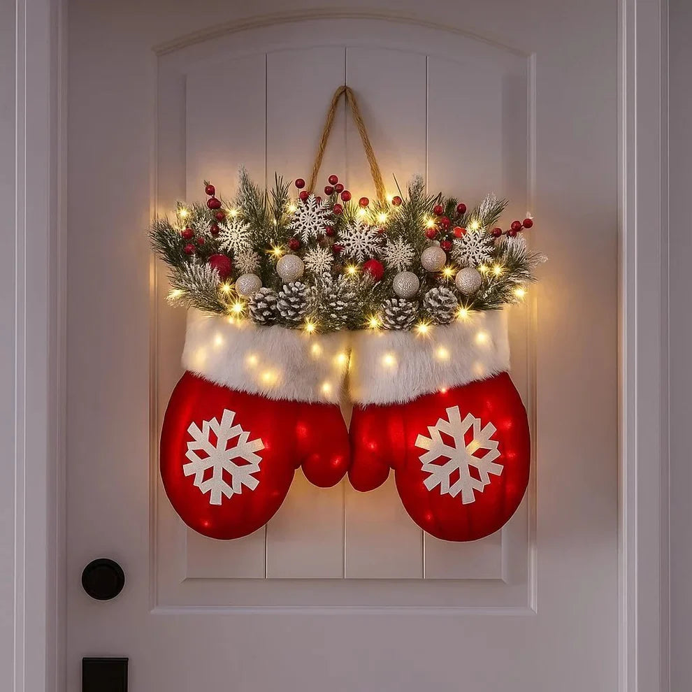 Beleuchtete Winterhandschuhe-Türdekoration 30x30cm Rot Plüsch-Weihnachtsanhänger Tannenzweige LED-Warmweißes Licht Weihnachten | Sansoti