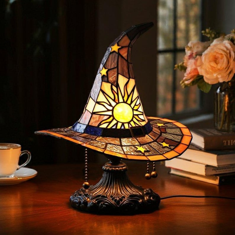 Dekorative Hexenhut-Lampe mit warmem LED-Licht, 35 cm, Gothic-Stimmungsbeleuchtung für Tisch und Schrank, Halloween-Dekoration | Sansoti