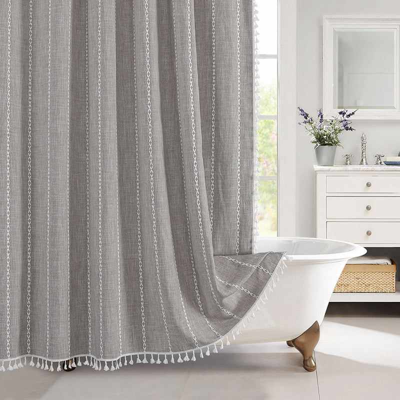 Duschvorhang Leinen Bohemian Wasserdicht Quasten 180x200cm Badezimmer Beige Kariert