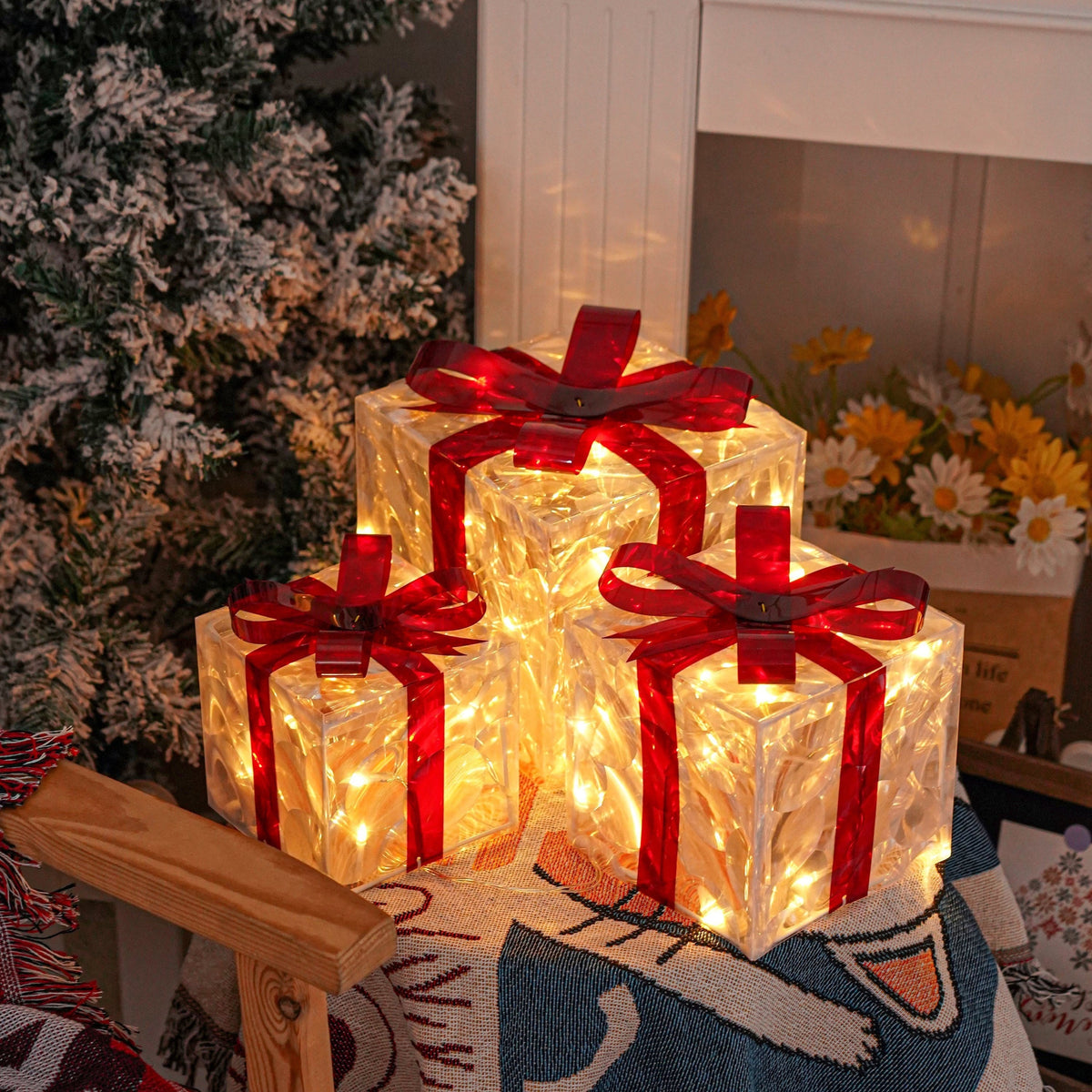 Verlichte Decoratieve Geschenkdozen Set 3 Stuks Metaal Warmwit LED Kerst Wintertafereel Sfeerverlichting | Sansoti
