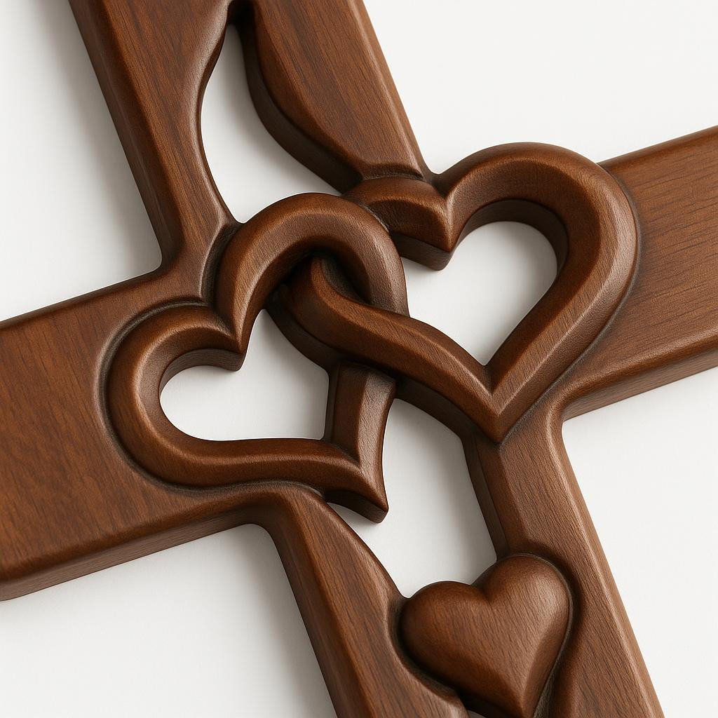 Houten Wandkruis met Gevlochten Harten — Decoratieve Wandversiering voor Geloofsmomenten | Sansoti