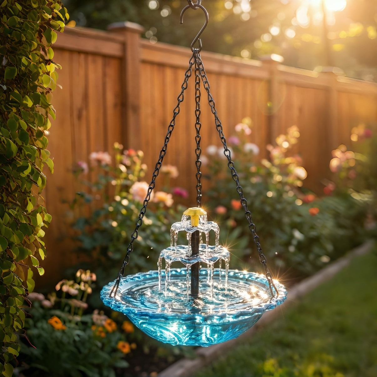 Hangende Zonnevogeldrinkbak Glas Fontein 2-Traps 25,5cm Tuin Terras Balkon Zonne-energie Kabellos Vogelbad Waterval Blauw Roze Zwart | Sansoti