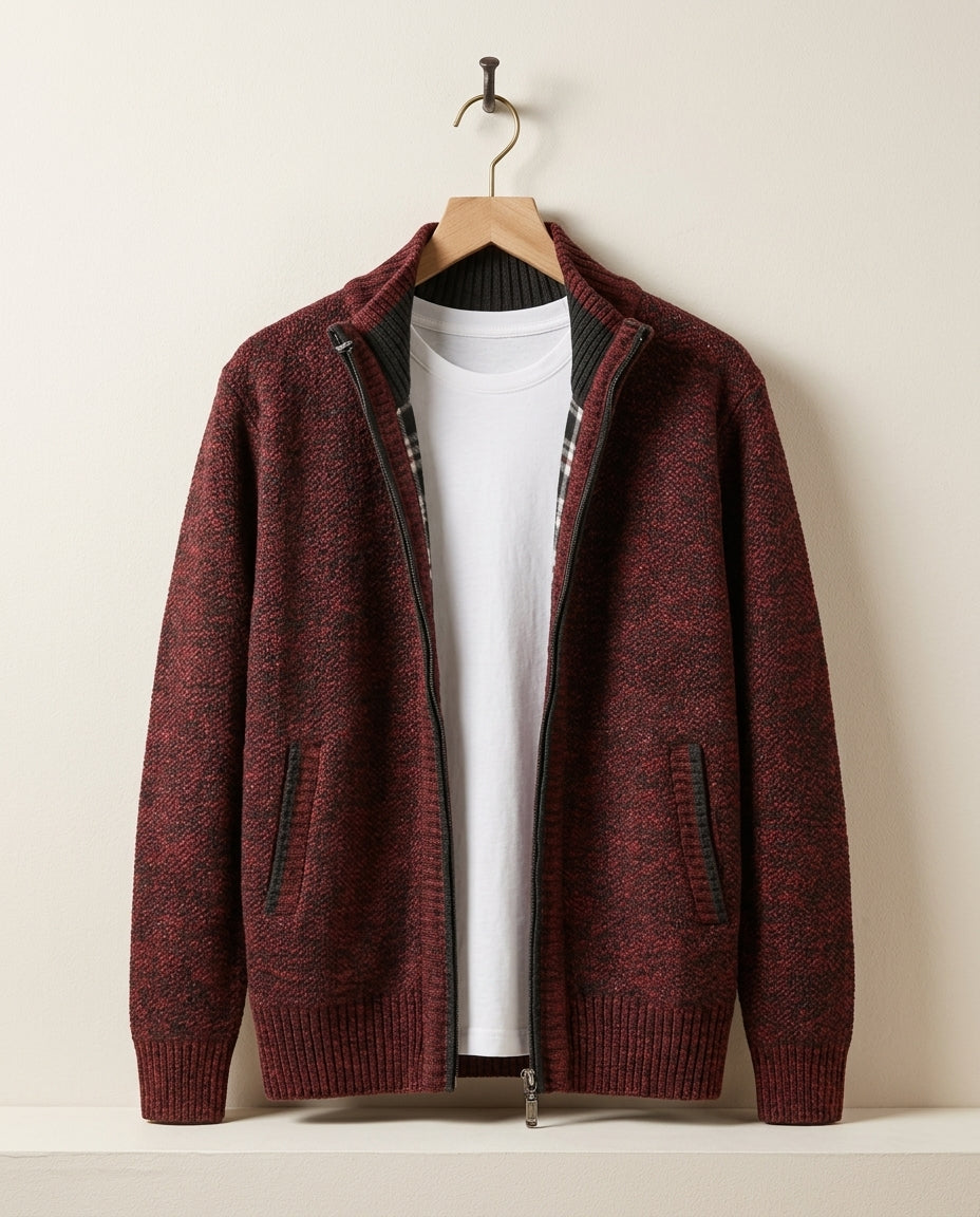 Knitted Men's Jacket with Fleece Lining - Ribbed Cuffs - Warm Midlayer Cardigan Vest | Sansoti