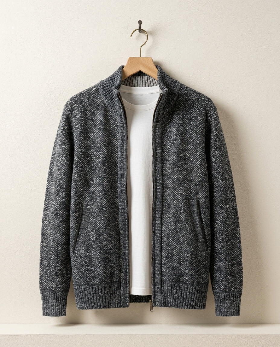 Knitted Men's Jacket with Fleece Lining - Ribbed Cuffs - Warm Midlayer Cardigan Vest | Sansoti
