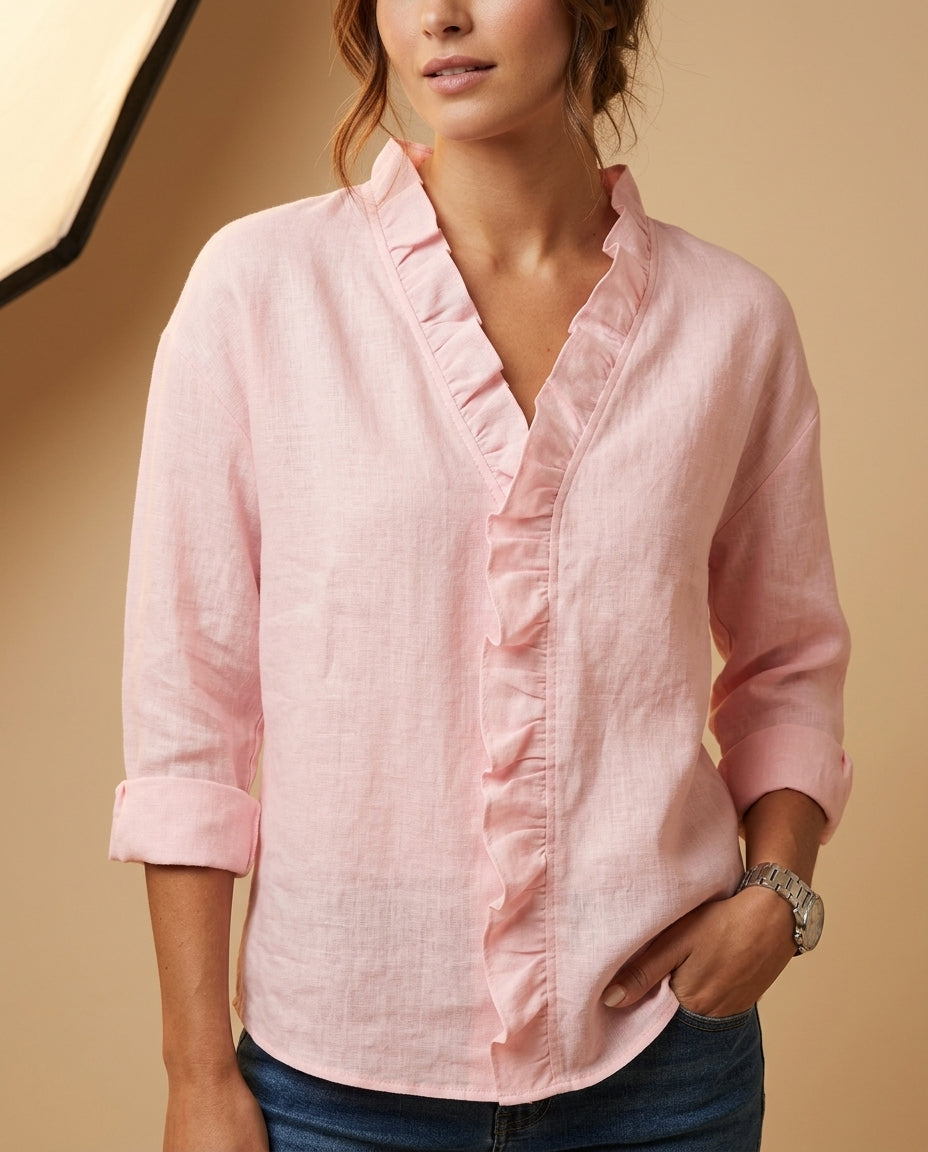 Damenbluse mit V-Ausschnitt und Rüschen – elegantes feminines Shirt – luftig fallend mit langen Ärmeln aus Polyester | Sansoti
