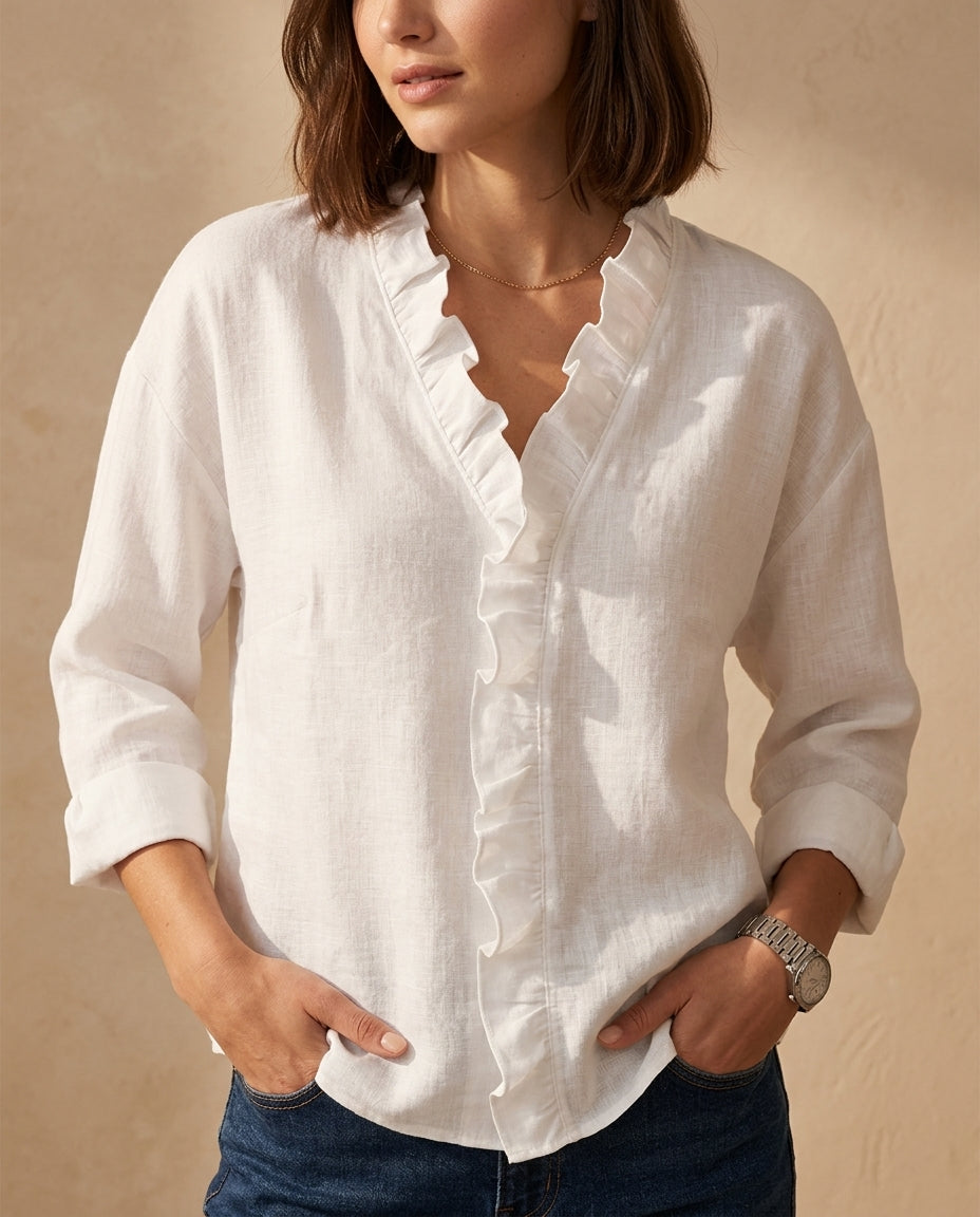 Damenbluse mit V-Ausschnitt und Rüschen – elegantes feminines Shirt – luftig fallend mit langen Ärmeln aus Polyester | Sansoti