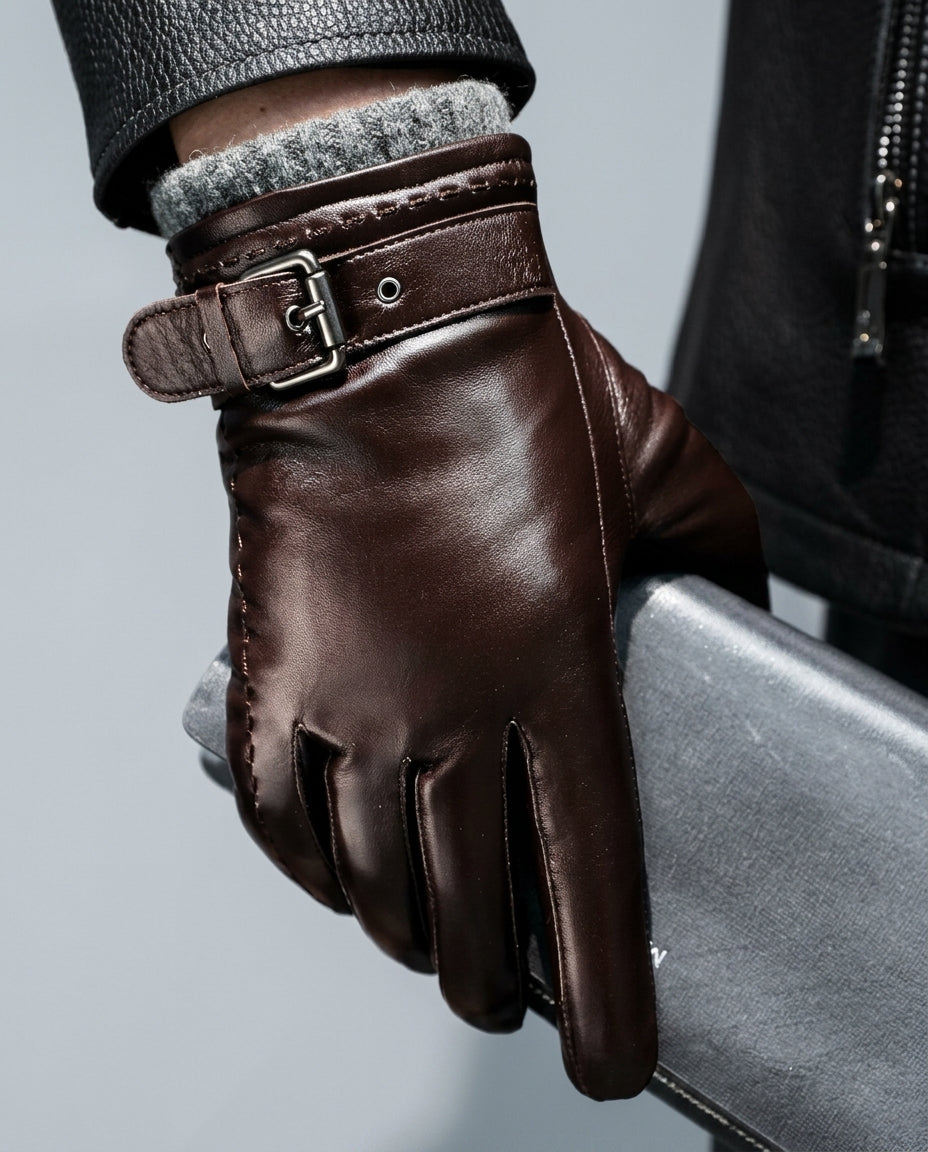 Lederhandschuhe für Herren mit Wollfutter, Riemchen am Handgelenk, Schwarz, Braun, Winteraccessoire, warme Fingerhandschuhe | Sansoti