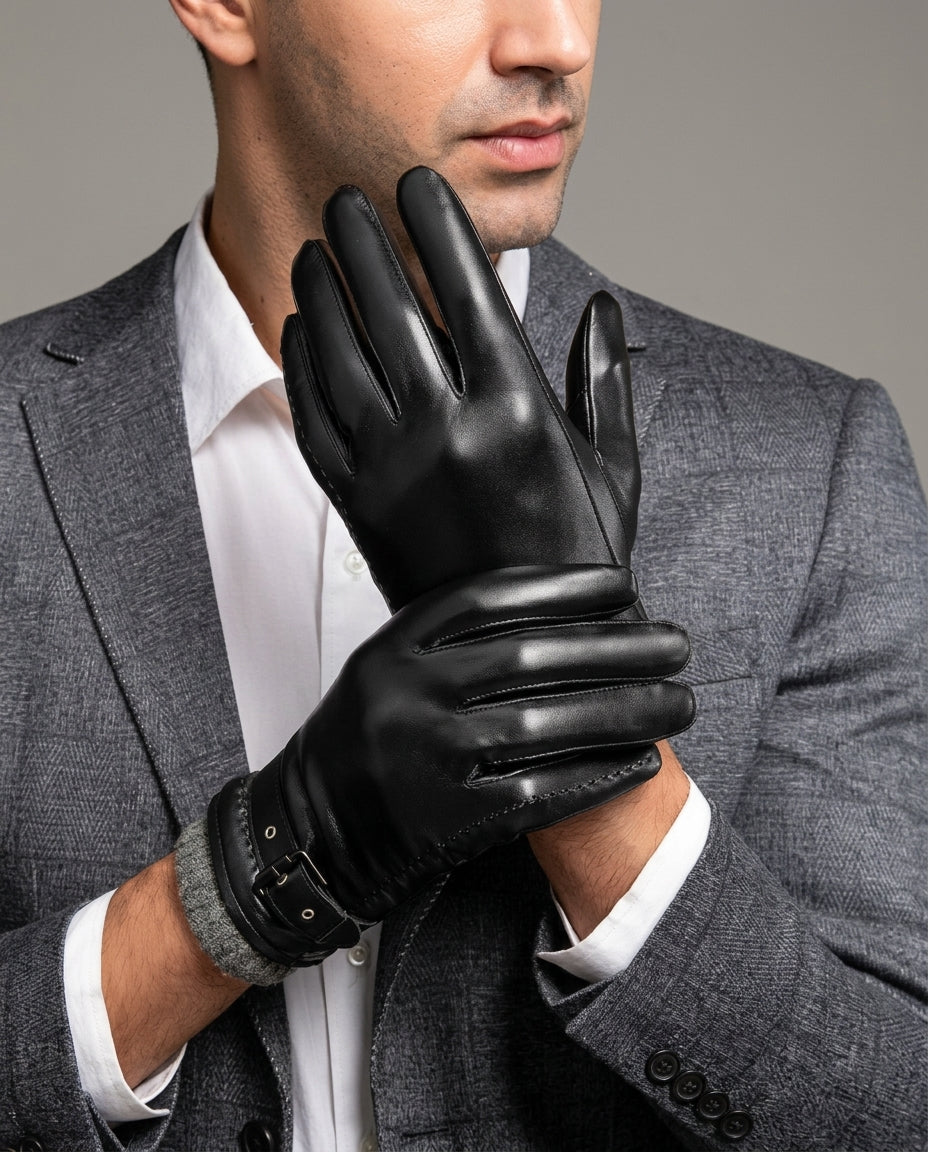 Lederhandschuhe für Herren mit Wollfutter, Riemchen am Handgelenk, Schwarz, Braun, Winteraccessoire, warme Fingerhandschuhe | Sansoti