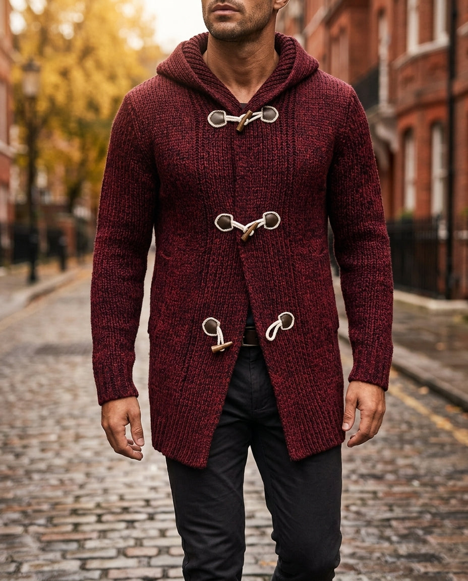 Cardigan à capuche et fermeture brandebourg pour homme, cardigan croisé en maille à la coupe décontractée, confortable et de saison | Sansoti