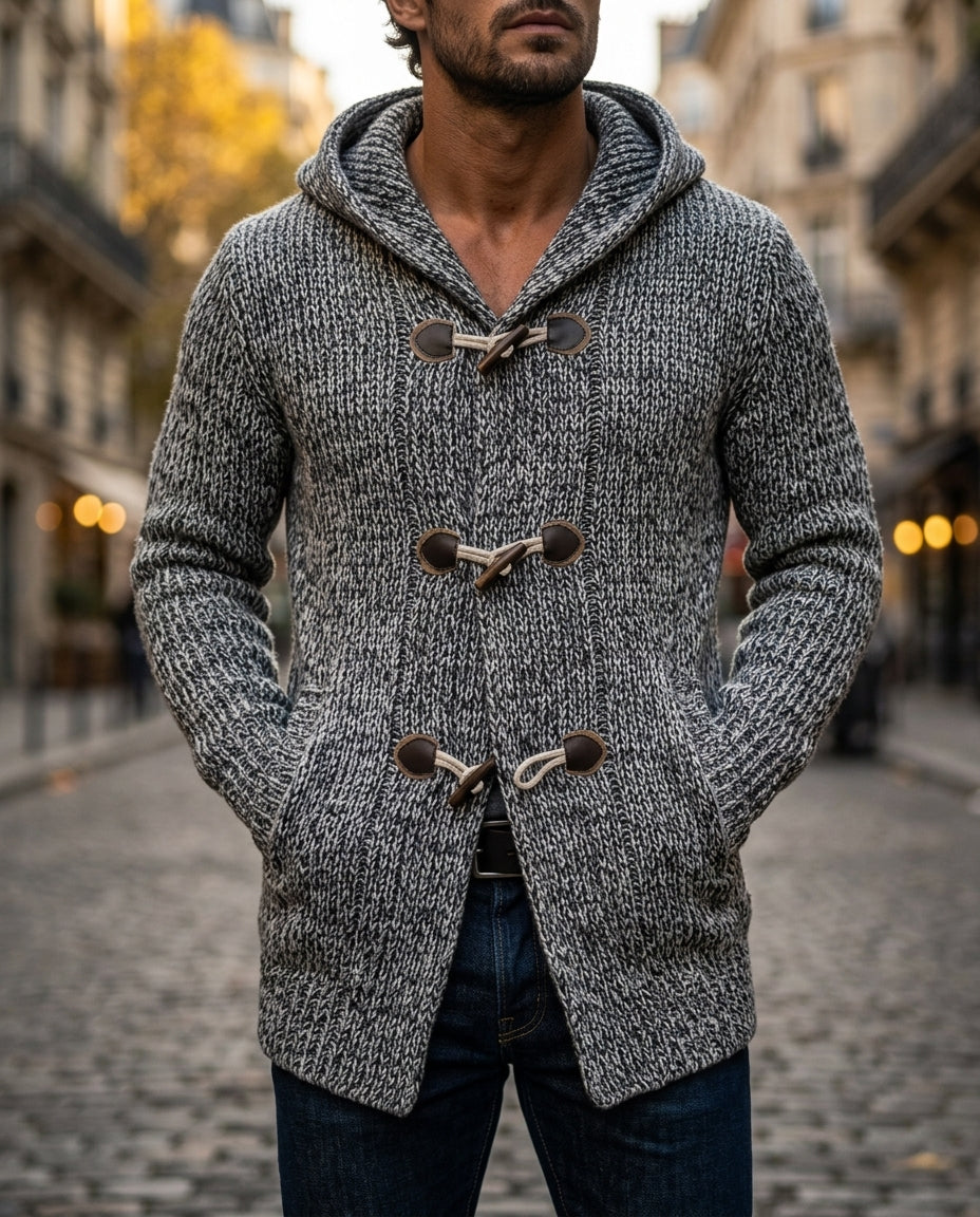 Cardigan à capuche et fermeture brandebourg pour homme, cardigan croisé en maille à la coupe décontractée, confortable et de saison | Sansoti