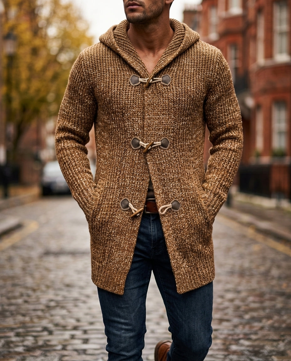 Cardigan à capuche et fermeture brandebourg pour homme, cardigan croisé en maille à la coupe décontractée, confortable et de saison | Sansoti
