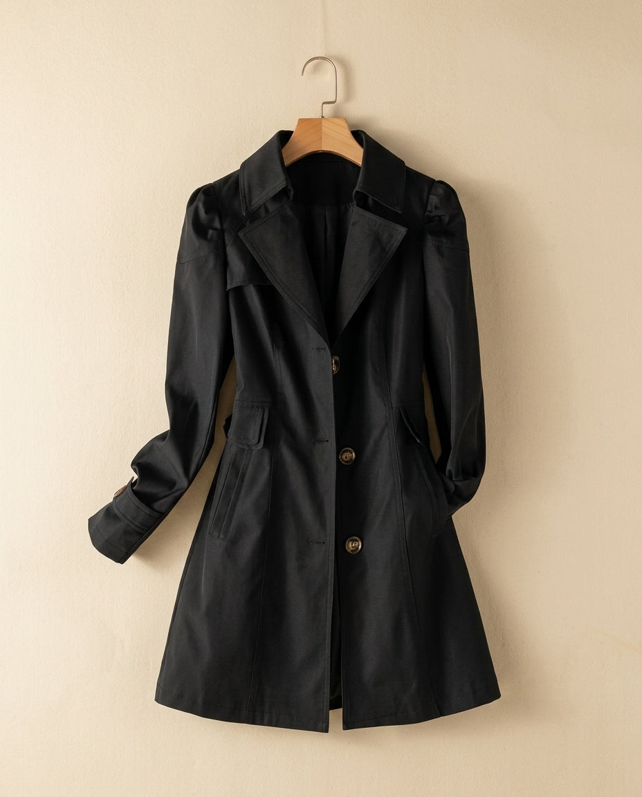 Women's Cotton Coat with Lapel Collar Black Pink Khaki Tailored Fit Button Closure Spring Autumn Elegant Style | Sansoti