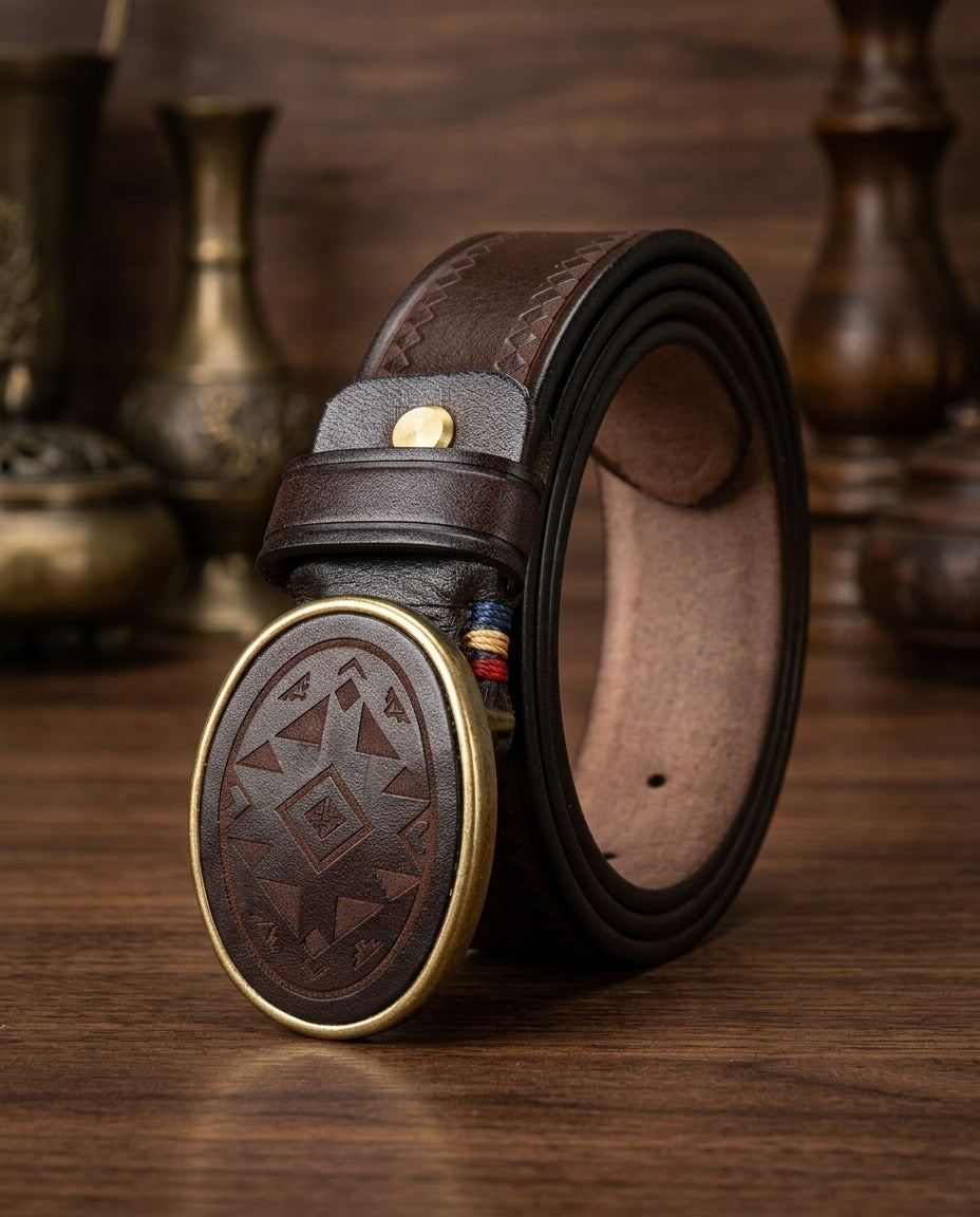 Engraved Leather Belt for Men with Sturdy Buckle, Subtle Detailing, Classic Style for Everyday Use | Sansoti