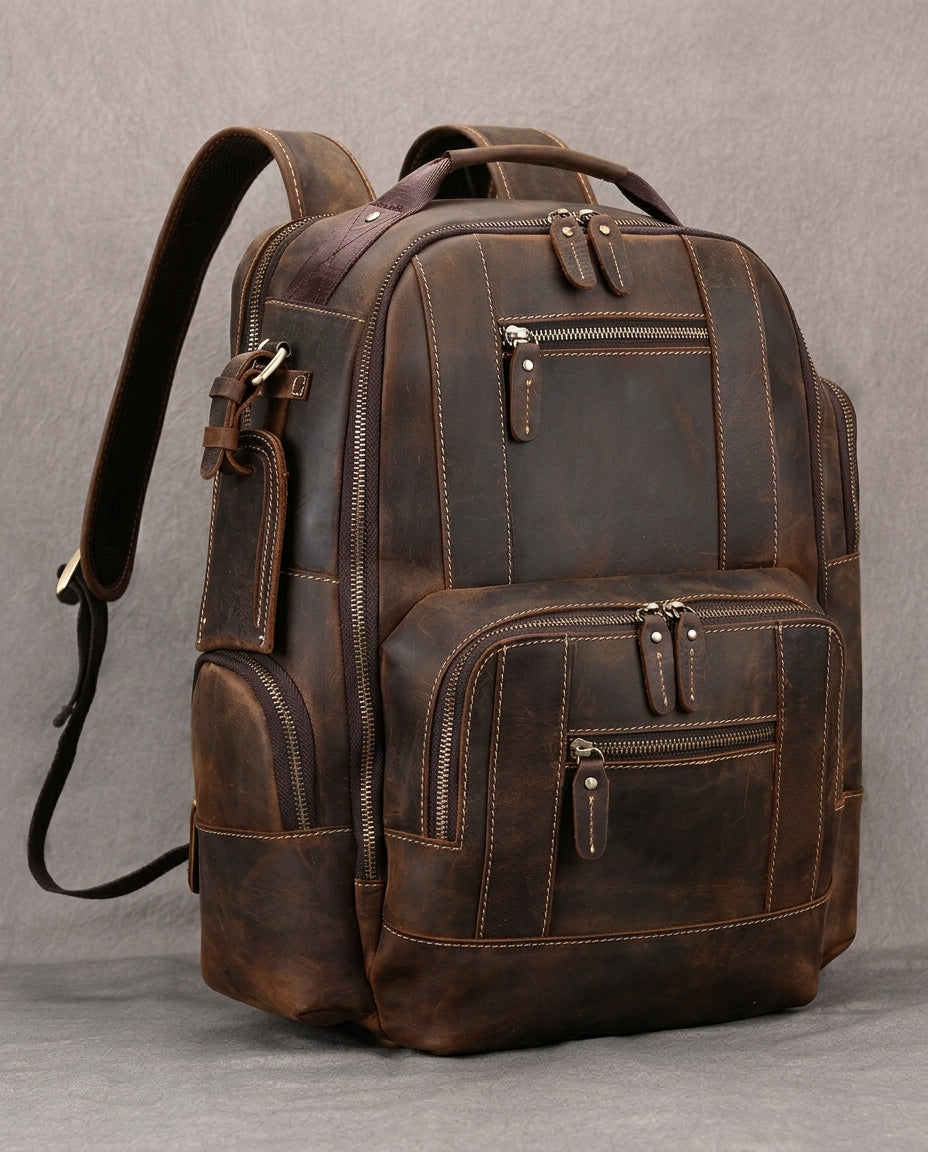 Vintage Brown Leather Backpack - Full-Grain Cowhide - 20-35L Laptop Bag - Arched Straps for Carrying Comfort | Sansoti