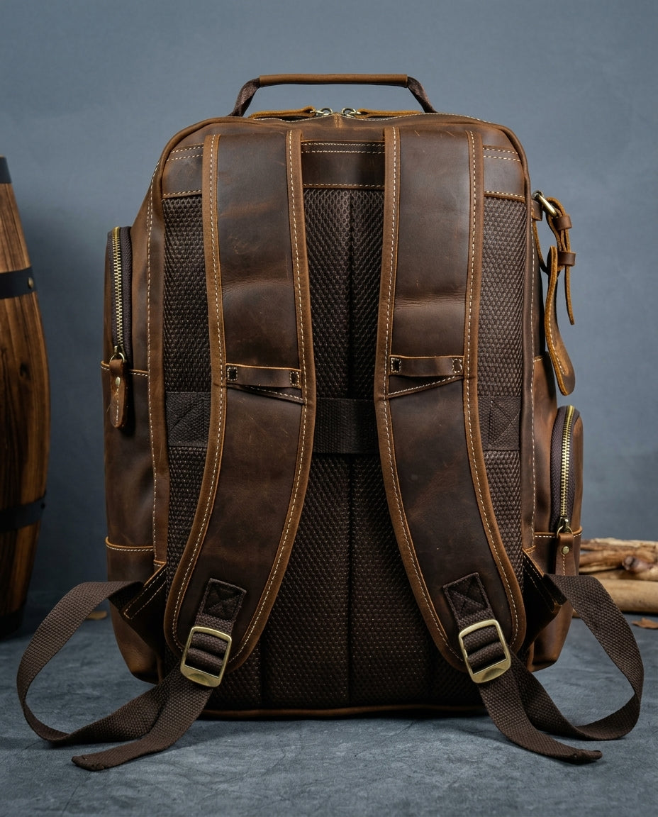 Vintage Brown Leather Backpack - Full-Grain Cowhide - 20-35L Laptop Bag - Arched Straps for Carrying Comfort | Sansoti