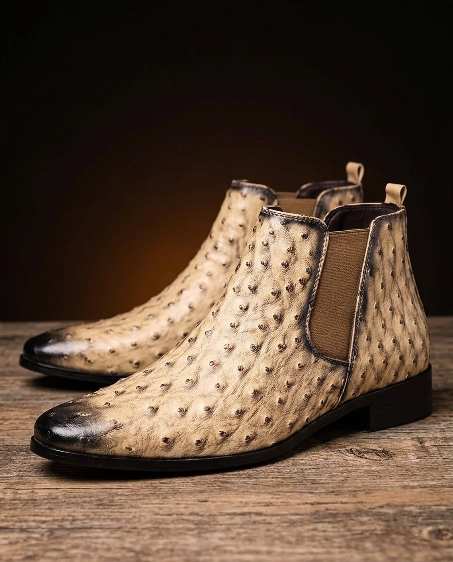 Herren-Chelsea-Stiefel aus Leder mit Straußenprint in Beige, Braun und Schwarz, klassische Schlupf-Stiefeletten für Herbst und Winter | Sansoti