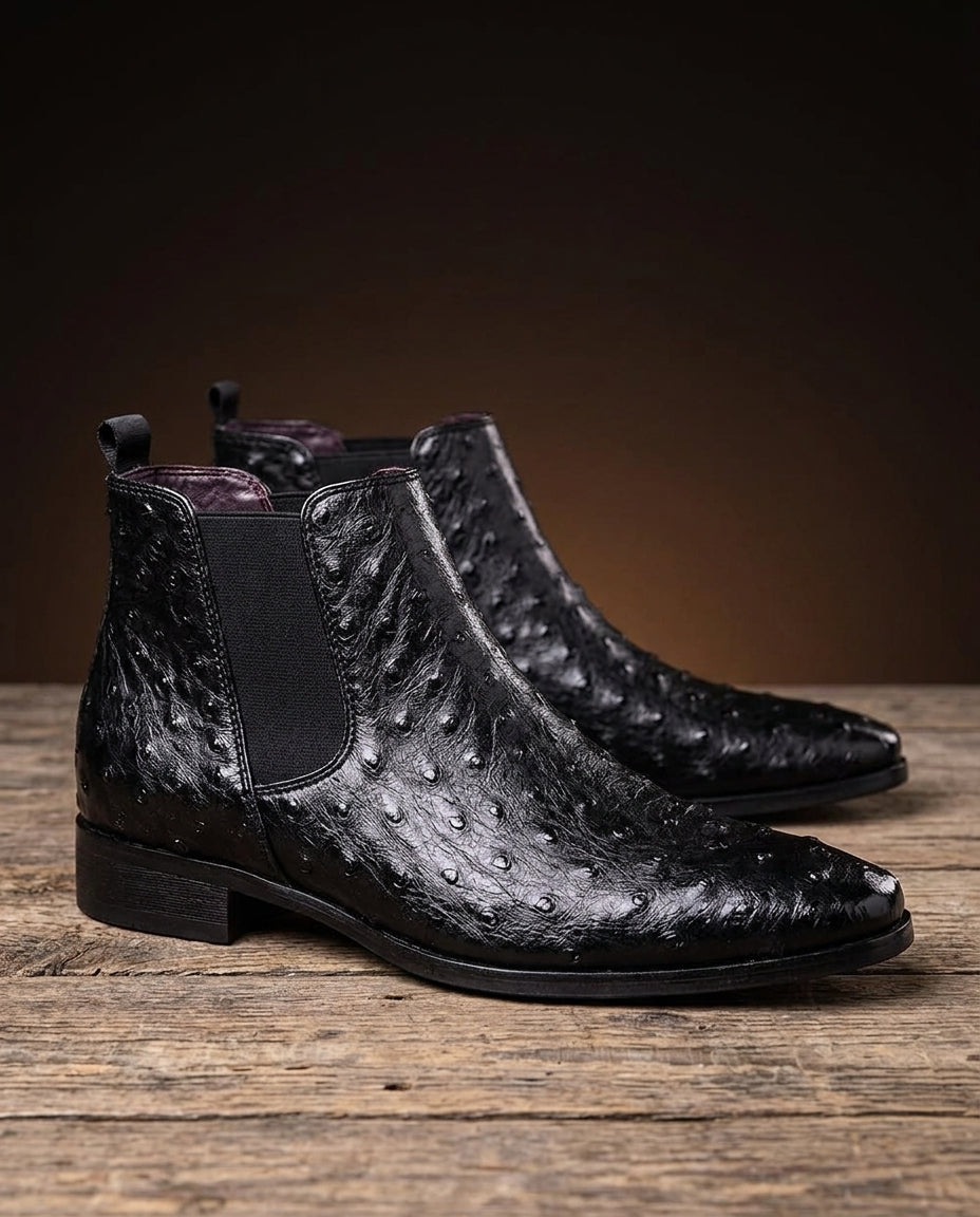 Herren-Chelsea-Stiefel aus Leder mit Straußenprint in Beige, Braun und Schwarz, klassische Schlupf-Stiefeletten für Herbst und Winter | Sansoti