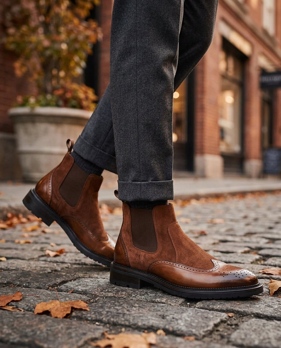 Men’s suede leather Chelsea boots with brogue pattern, elastic side panels, durable sole, refined silhouette | Sansoti