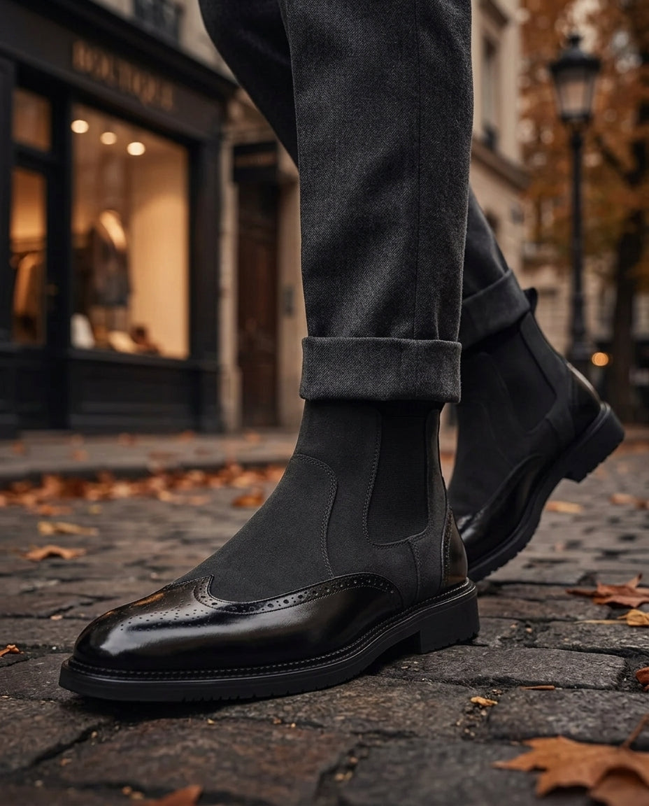 Men’s suede leather Chelsea boots with brogue pattern, elastic side panels, durable sole, refined silhouette | Sansoti