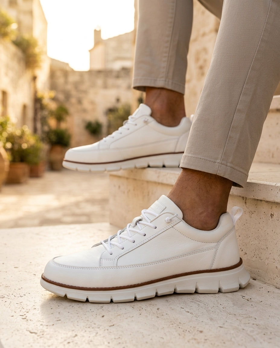 Męskie skórzane sneakersy ortopedyczne z amortyzacją wstrząsów, zapewniające komfort podczas biegania, spacerów i codziennego użytkowania | Sansoti
