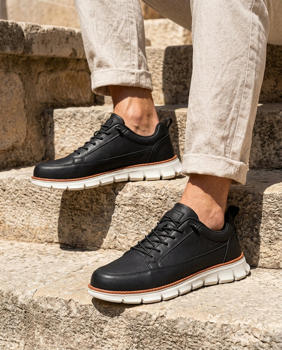 Męskie skórzane sneakersy ortopedyczne z amortyzacją wstrząsów, zapewniające komfort podczas biegania, spacerów i codziennego użytkowania | Sansoti