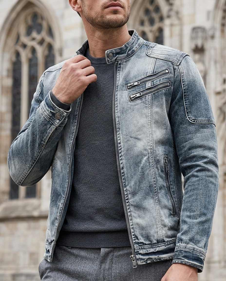 Jeansjacke für Herren im Used-Look mit Reißverschluss - Biker-Style Denim-Weste in Grau und Schwarz - Lässige Streetwear | Sansoti
