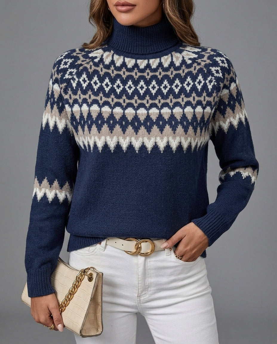Pull à col roulé pour femme, motif Fair Isle, tricot en laine, chaud, style hivernal scandinave | Pull à col roulé tricoté | Sansoti