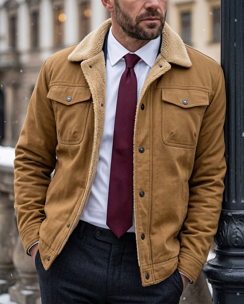 Sherpa-lined winter jacket for men with stand-up collar and chest pockets | Warm casual jacket for cold days | Sansoti