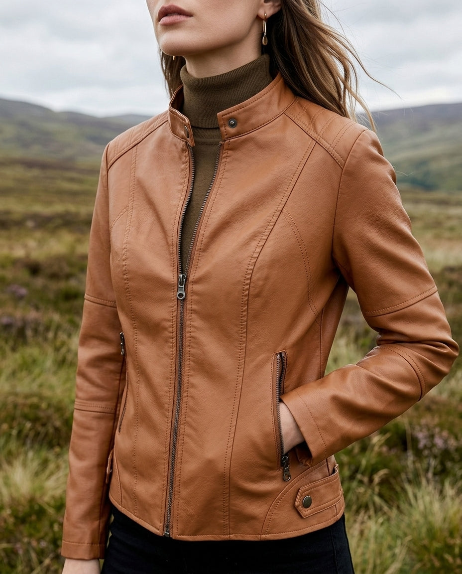 Kurze Lederjacke Damen Kunstleder Bikerjacke Stehkragen Motorrad-Akzent Damenjacke Cropped Stilvoll Modern | Sansoti