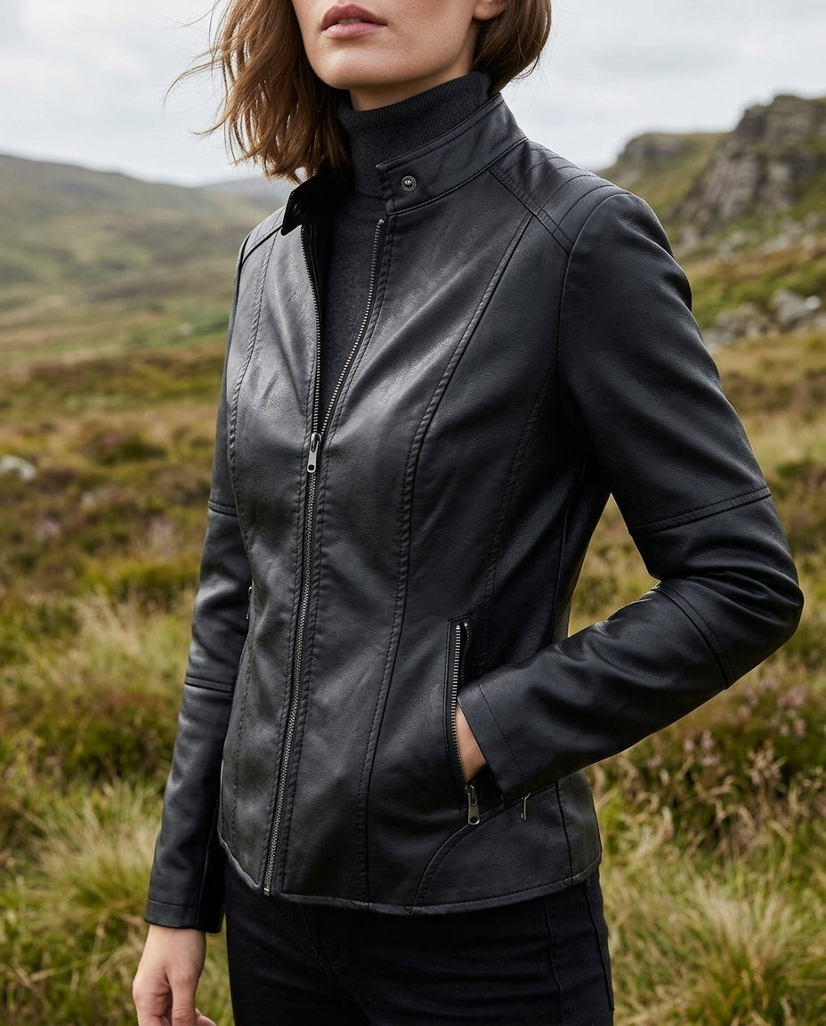 Kurze Lederjacke Damen Kunstleder Bikerjacke Stehkragen Motorrad-Akzent Damenjacke Cropped Stilvoll Modern | Sansoti
