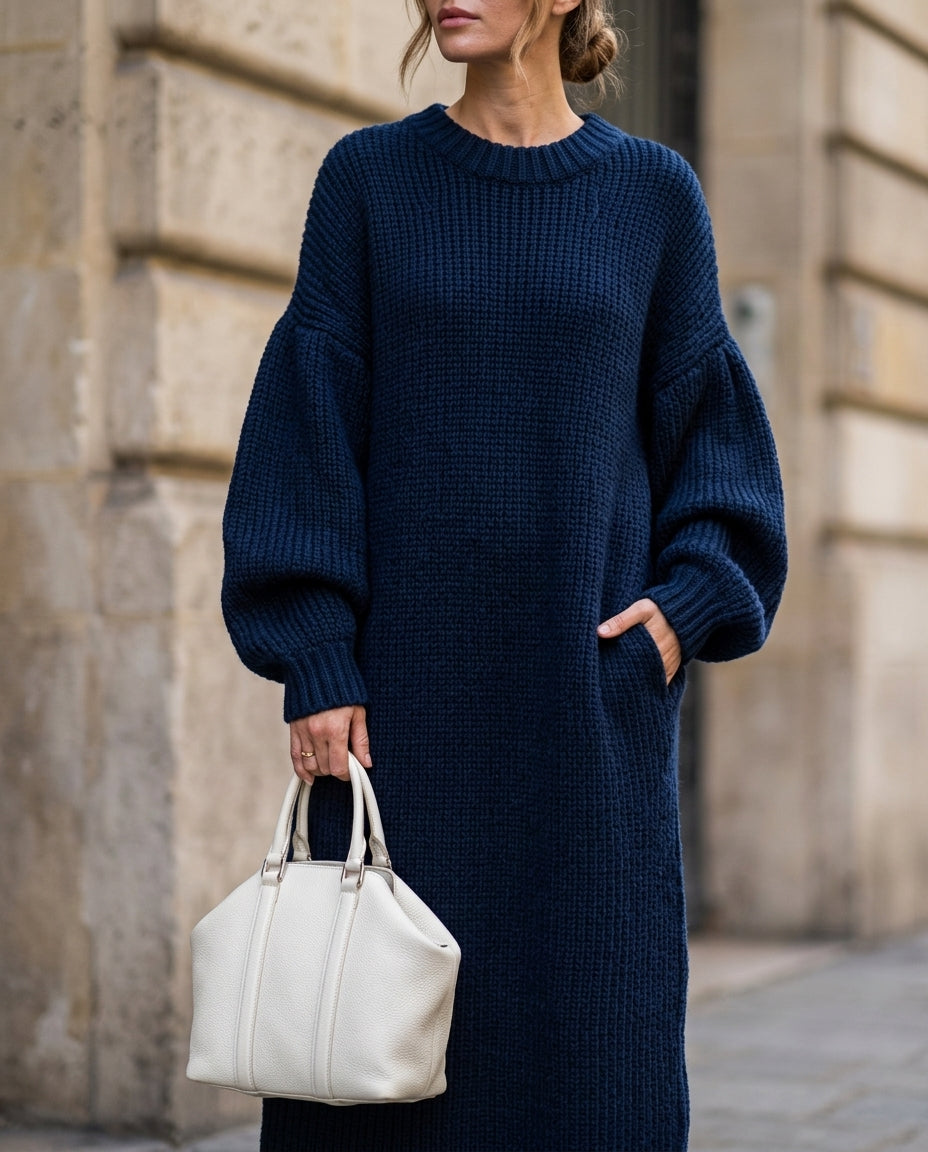 Długa dzianinowa sukienka damska z bufkami, zimowa, oversize, maxi, prążkowana sukienka swetrowa, wygodna moda dzianinowa | Sansoti