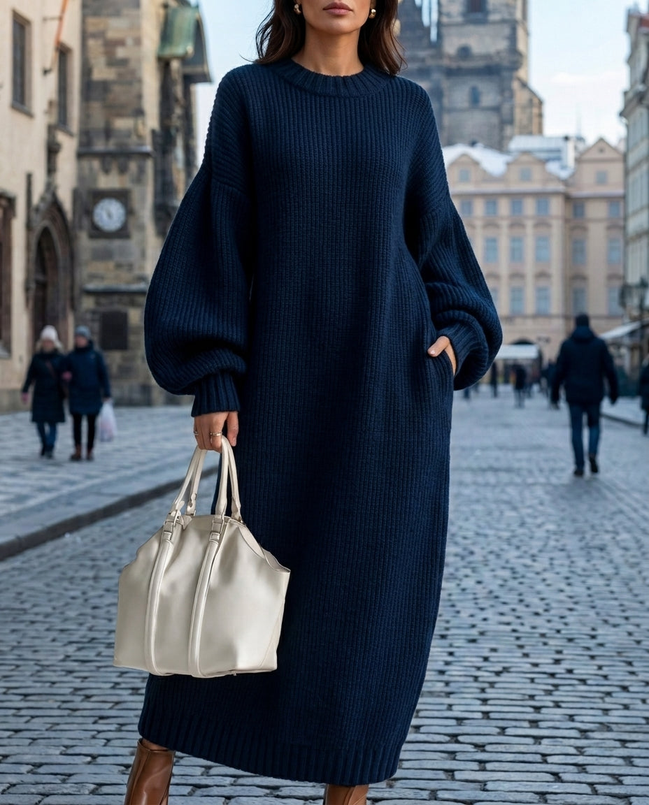 Oversized Maxi-Pulloverkleid für Damen, gestricktes Winterkleid mit Ballonärmeln, geripptes langes Maxikleid | Sansoti