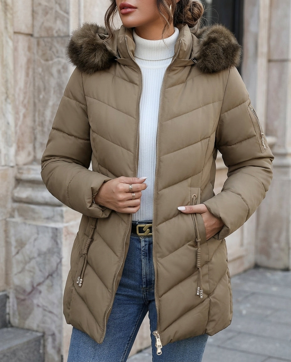 Gewatteerde Winterjas voor Dames met Afneembare Capuchon Taillekoord Warm Stijlvol Winterkleding Jas | Sansoti
