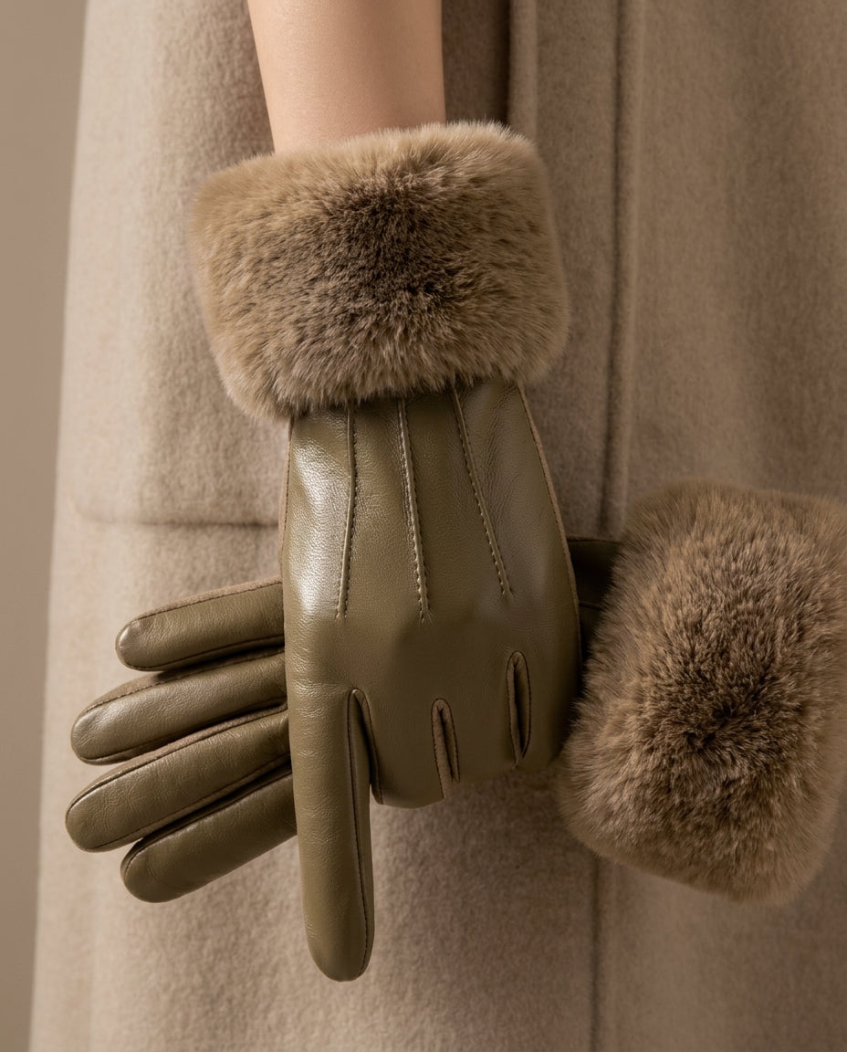 Dames Winterhandschoenen met Nepbont Manchet - Waterdicht Kunstleer - Warme Gevoerde Handschoenen - Één Maat | Sansoti