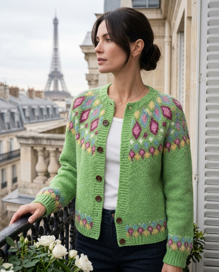Cardigan en maille pour femme à motif jacquard, boutons en bois, manches raglan, bordures côtelées, style décontracté, chaud et confortable | Sansoti